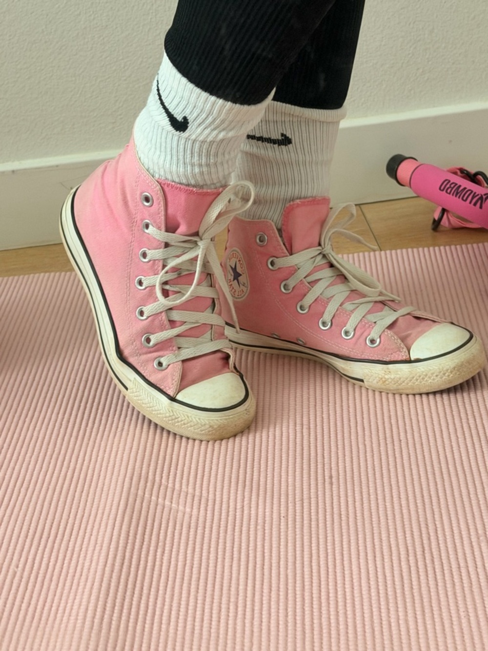 White womans gym socks well worn